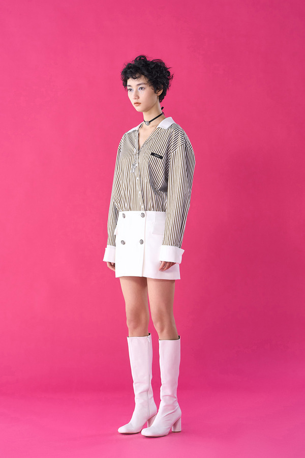 斜门襟衬衫拼接连衣裙