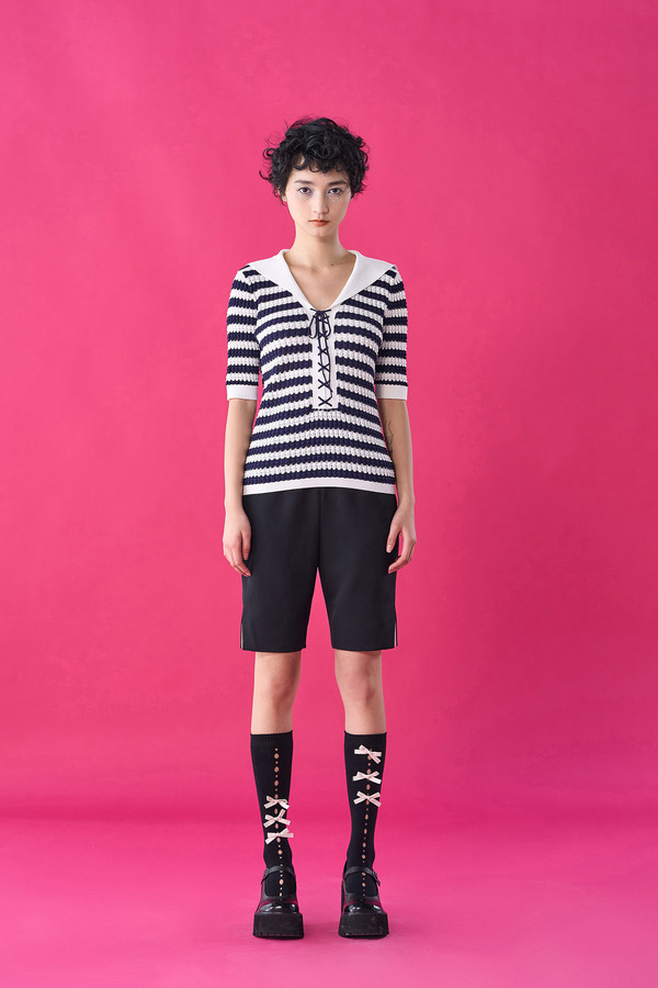 海军领系绳短袖针织上衣