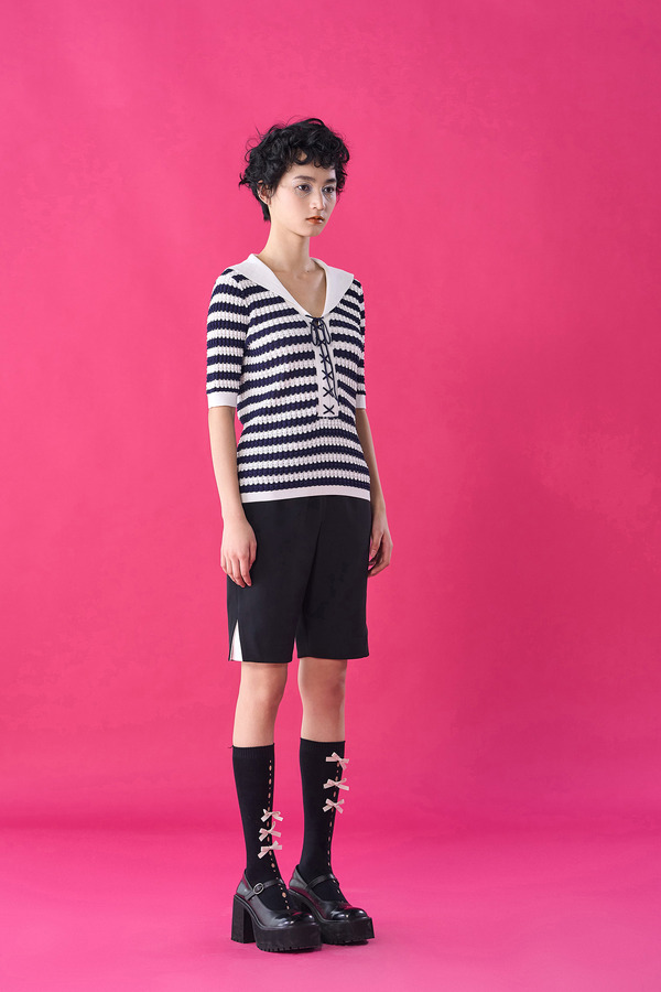 海军领系绳短袖针织上衣