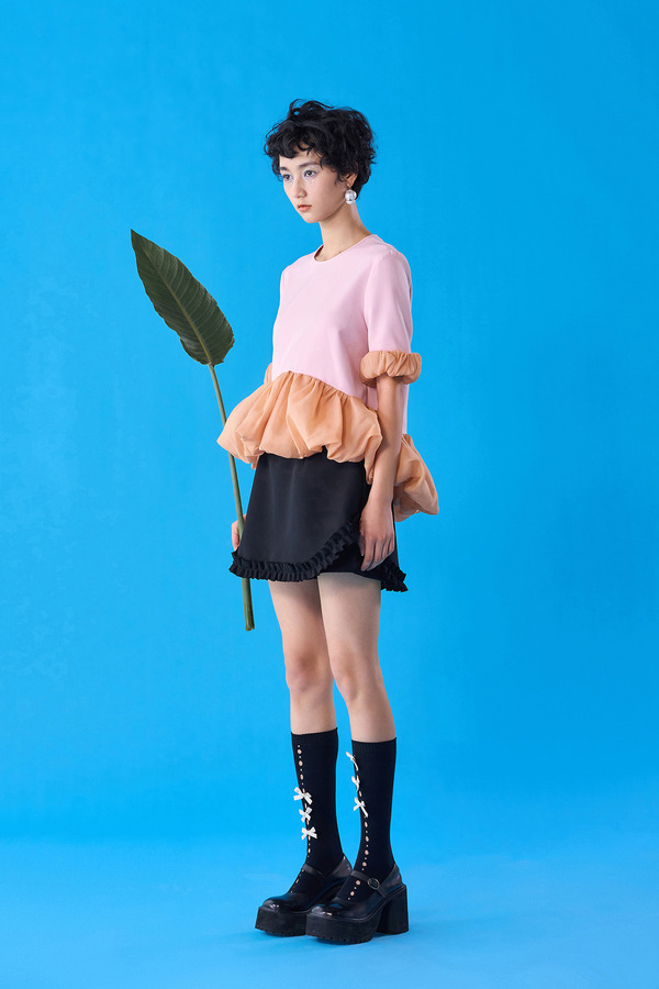 蓬纱拼接短袖上衣