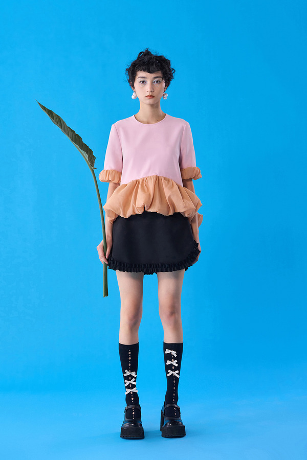 蓬纱拼接短袖上衣