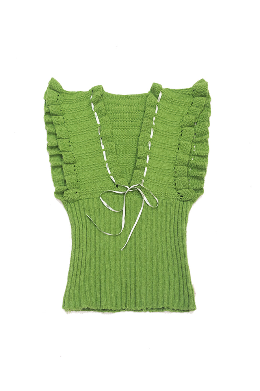 vintage 70s knitwear 70年代复古油绿色荷叶袖针织吊带上衣-9