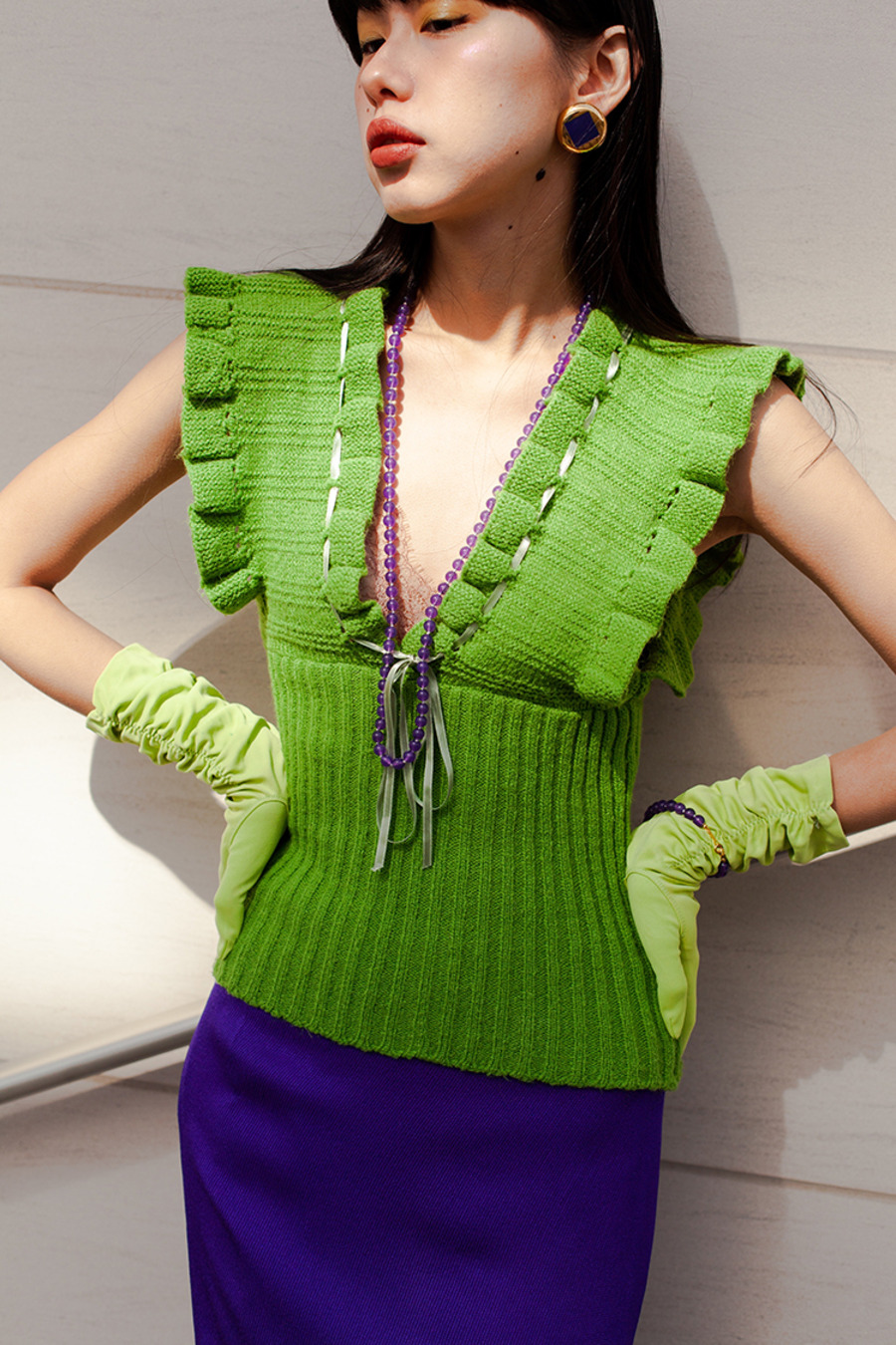 vintage 70s knitwear 70年代复古油绿色荷叶袖针织吊带上衣-7