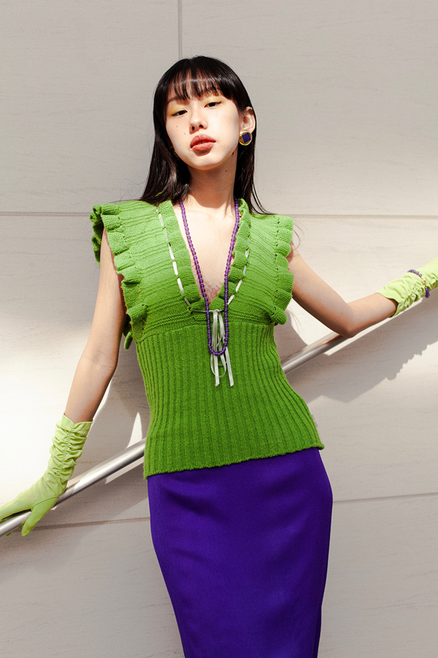 vintage 70s knitwear 70年代复古油绿色荷叶袖针织吊带上衣-3