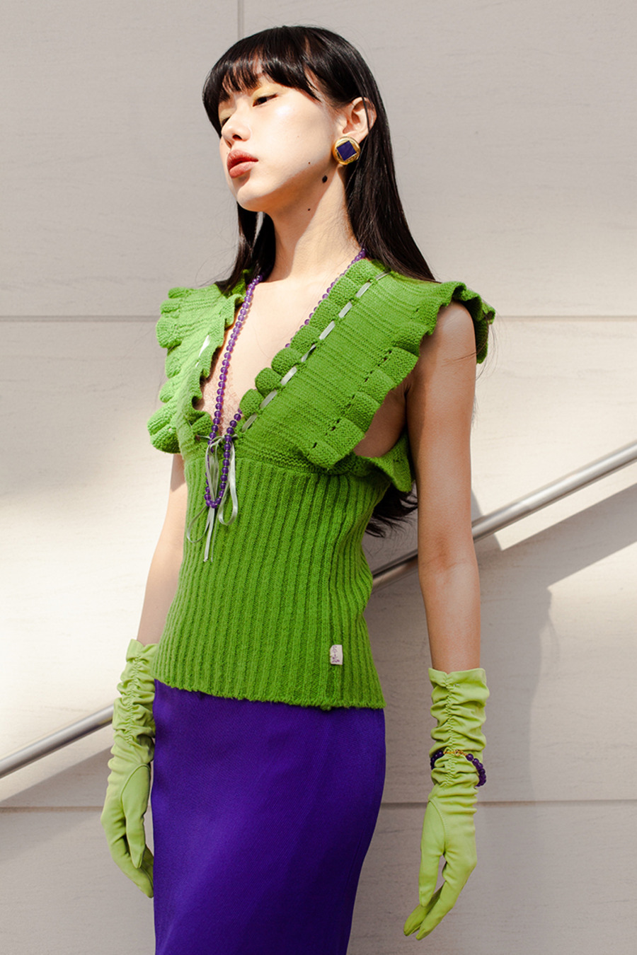 vintage 70s knitwear 70年代复古油绿色荷叶袖针织吊带上衣-2