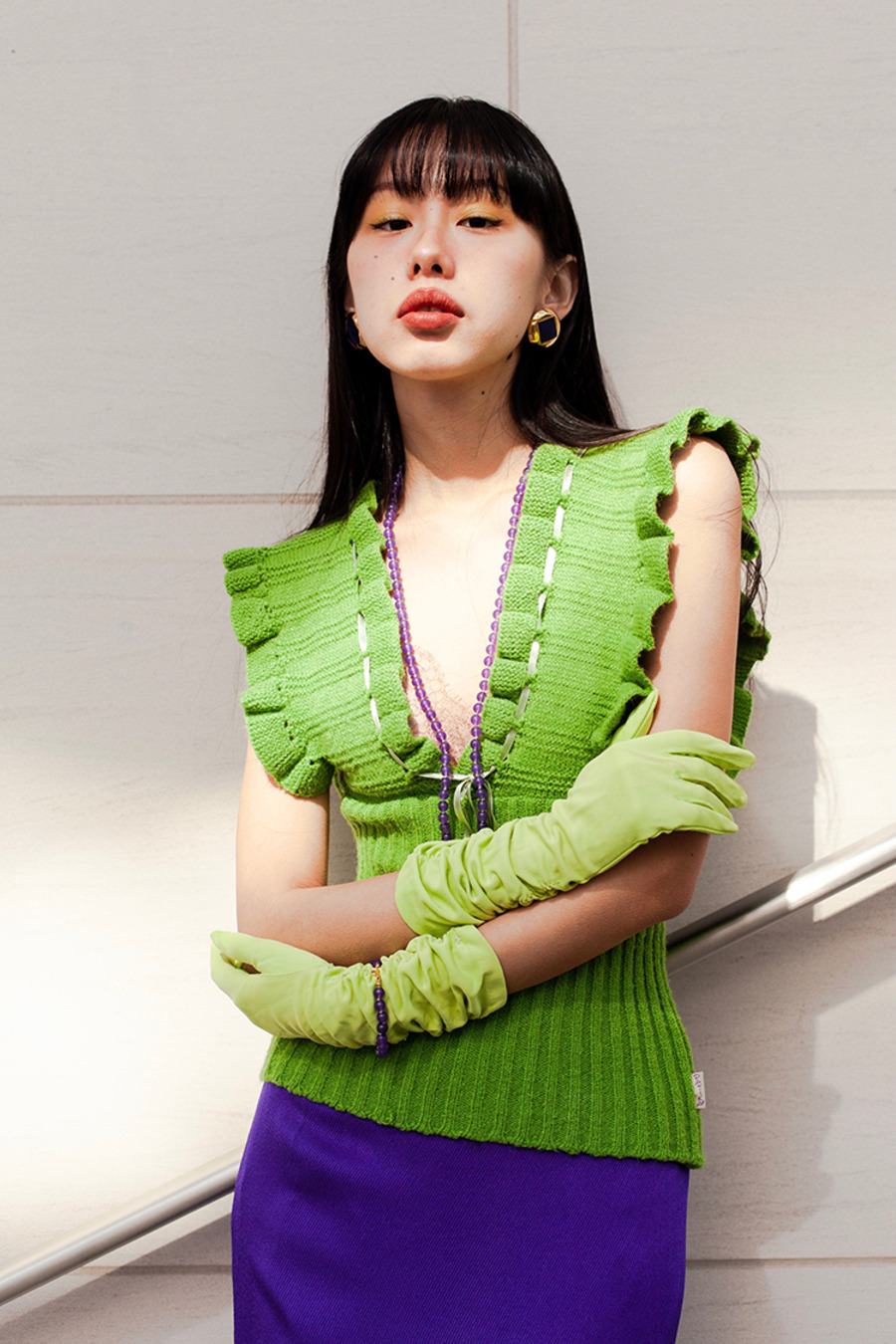 vintage 70s knitwear 70年代复古油绿色荷叶袖针织吊带上衣