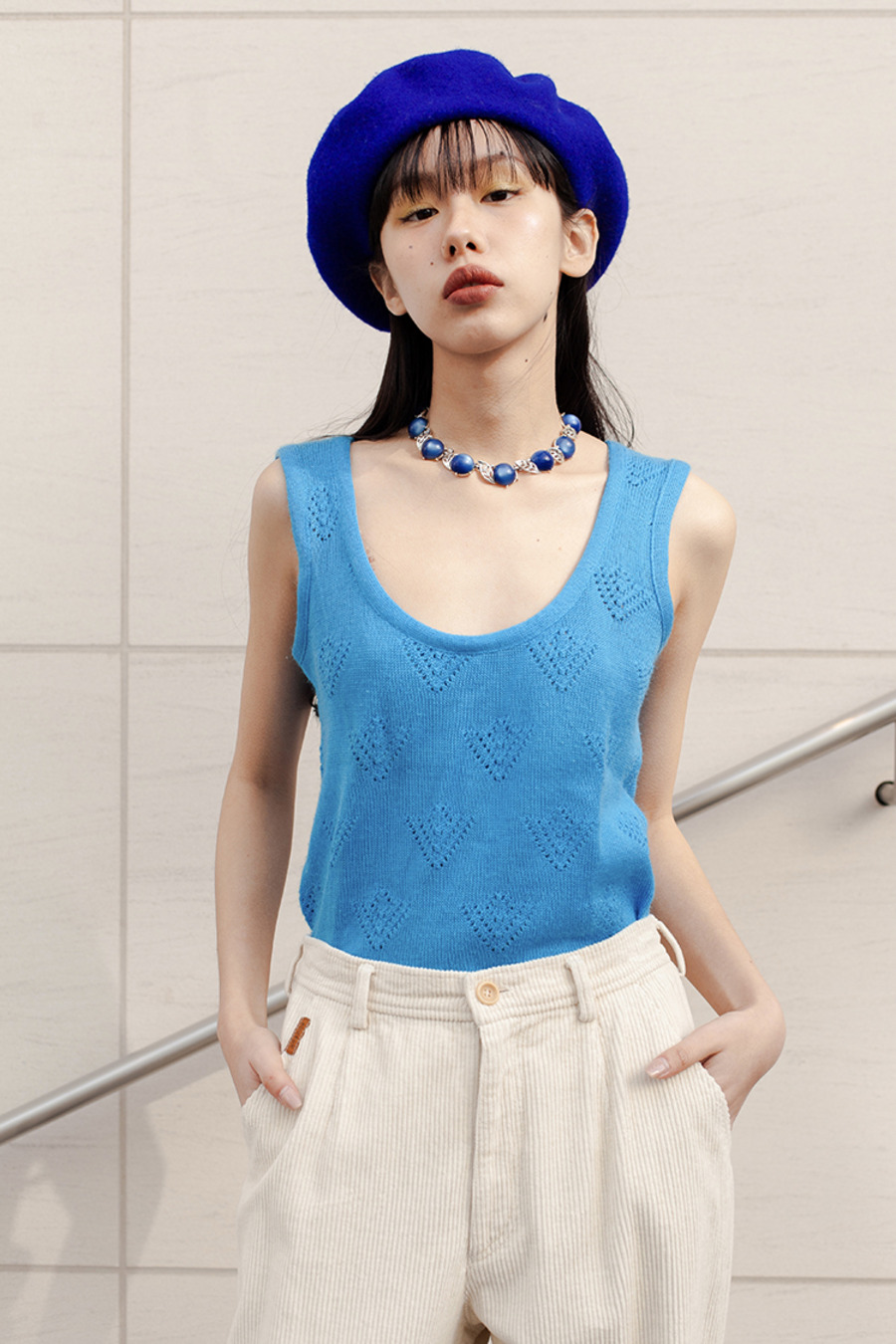 vintage 70s knitwear 70年代复古靛青色针织吊带上衣