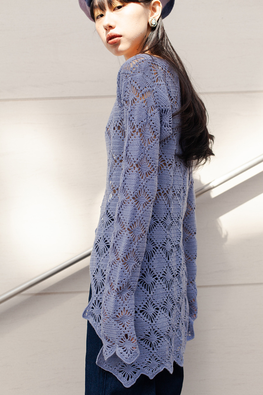 vintage 70s knit cardigan 70年代复古闪蝶紫色花型镂空针织开衫-5