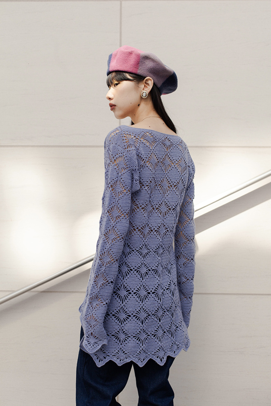 vintage 70s knit cardigan 70年代复古闪蝶紫色花型镂空针织开衫-4