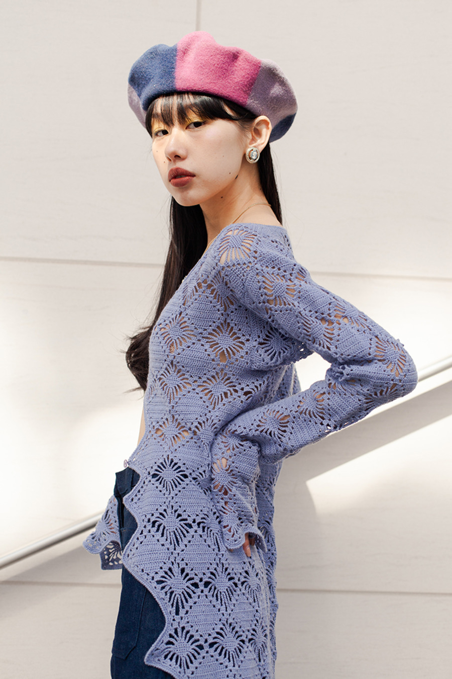 vintage 70s knit cardigan 70年代复古闪蝶紫色花型镂空针织开衫-3