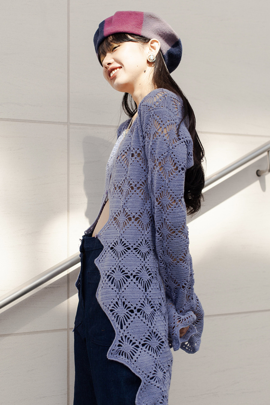 vintage 70s knit cardigan 70年代复古闪蝶紫色花型镂空针织开衫-2