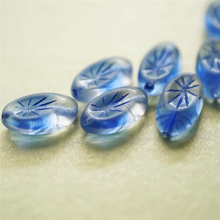 异形椭圆花纹立体夹心蓝色捷克珠玻璃珠琉璃 19X10MM