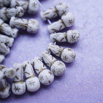 白色描金复古纹样装饰水滴捷克珠波浪琉璃 15X8MM