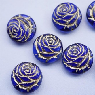 夹心宝蓝描金复古浮雕玫瑰扁圆捷克珠玻璃琉璃 17MM