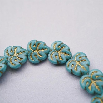 松石绿描金~棕榈叶树叶捷克珠玻璃琉璃 13X12MM