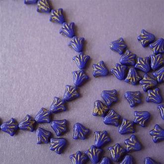 宝蓝描金~捷克玻璃珠琉璃野百合小郁金香珠 9X8MM