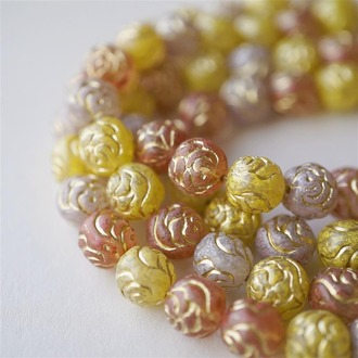 粉黄mix描金~vintage古董珠捷克玻璃琉璃串珠玫瑰圆珠浮雕