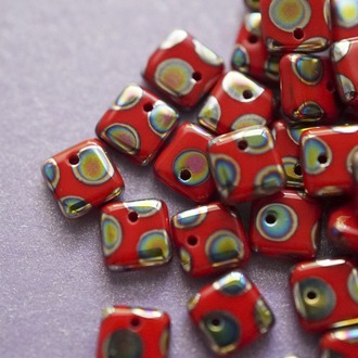 红色镭射波点方块玻璃捷克琉璃珠 6MM