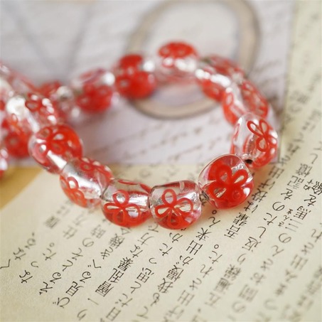 红色小花花透明银箔绝版立体手工日本古董珠 12mm