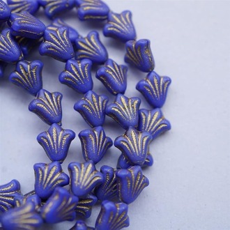 经典宝蓝描金色捷克玻璃珠琉璃野百合小郁金香珠 9X8MM