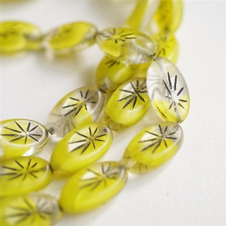 透黄夹心描黑色~花纹椭圆立体捷克珠玻璃琉璃 19X10MM