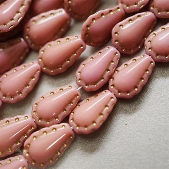 深粉描金复古马蹄莲别致捷克珠琉璃玻璃 16X11mm