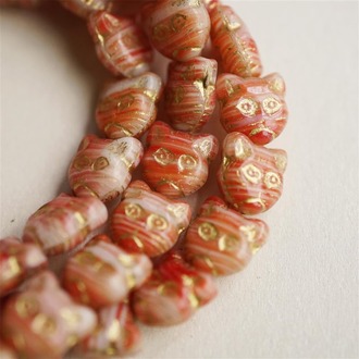 质感红色条纹描金~猫咪直孔捷克珠琉璃玻璃 13X12MM
