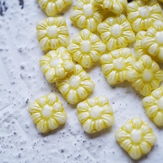 白色描黄色方形花朵扁珠捷克珠玻璃琉璃珠 9MM
