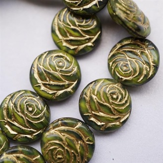 迷离绿调渐变描金浮雕玫瑰扁圆捷克珠玻璃琉璃 17MM