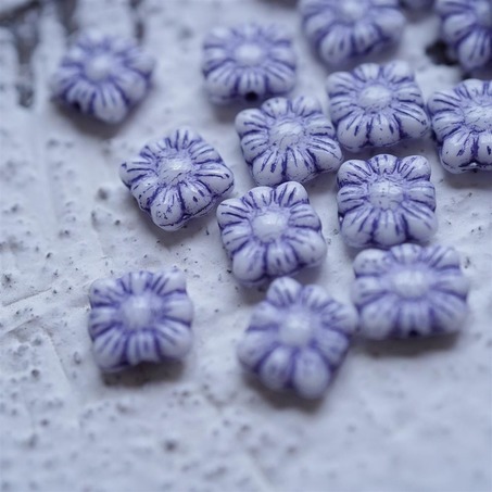 白色描浅蓝紫方形花朵扁珠捷克珠玻璃琉璃珠 9MM-4