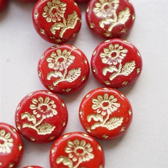 正红色描金~捷克玻璃琉璃花朵镶花边扁圆古董珠 18MM
