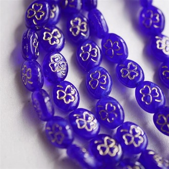 宝蓝描金迷你椭圆幸运草花纹捷克珠玻璃琉璃 10X8MM