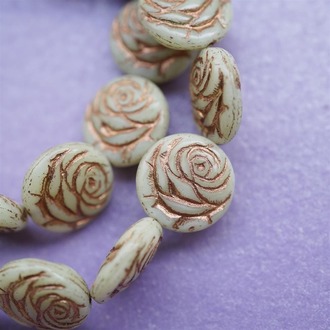 奶油白玫瑰金复古浮雕玫瑰扁圆捷克珠玻璃琉璃 17MM