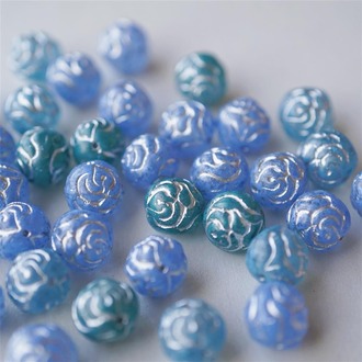 蓝绿mix描银~vintage古董珠捷克玻璃琉璃串珠玫瑰圆珠浮雕 13MM