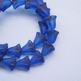 雾面透宝蓝描古铜百合郁金香捷克珠玻璃琉璃 9X10MM