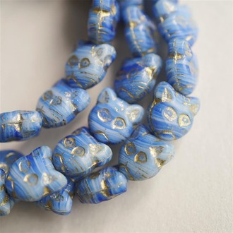 海蓝白条纹可爱描金~猫咪直孔捷克珠琉璃玻璃 13X12MM