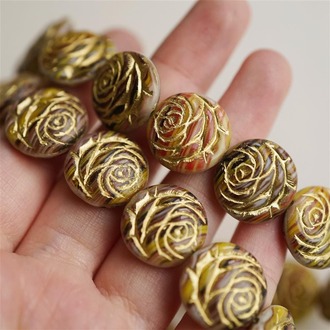 敦煌配色mix描金~浮雕玫瑰扁圆捷克珠玻璃琉璃 17MM