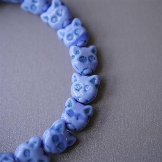 浅浅蓝~蓝调古着趣味猫咪直孔捷克珠琉璃玻璃 13x12mm