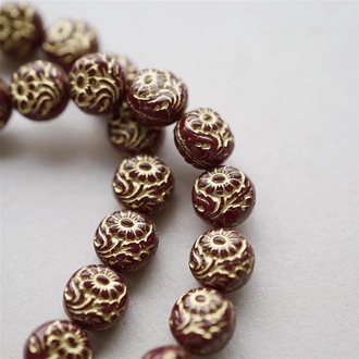 深红色描金~超精致绝美双面古风花朵捷克珠玻璃琉璃 10MM