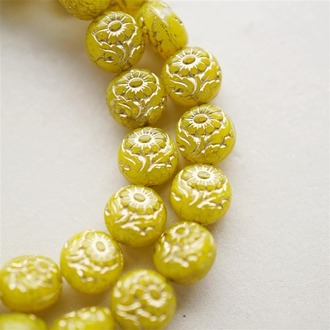柠檬黄描金~超精致绝美双面古风花朵捷克珠玻璃琉璃 10MM
