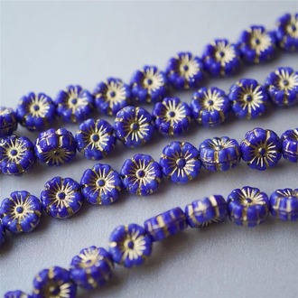 克莱因蓝描金~迷你夏威夷小花捷克珠玻璃琉璃 8MM