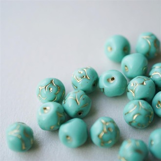 松石绿描金色复古侧孔玫瑰珠捷克珠玻璃琉璃 9MM