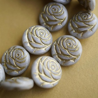 典雅灰紫描金色~浮雕玫瑰扁圆捷克珠玻璃琉璃 17MM