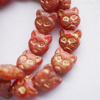 绝版红色描金~猫咪直孔捷克珠琉璃玻璃 13MM