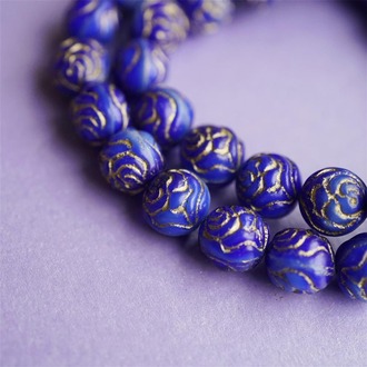 质感蓝绝版描金vintage古董捷克玻璃琉璃串珠玫瑰圆珠浮雕 13MM