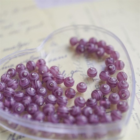 10粒入~淡紫色条纹小圆珠~日本制手工琉璃玻璃珠樱桃牌古董珠-4