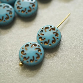 做旧蓝描古铜金~扁圆花边花纹捷克珠玻璃琉璃珠 14MM