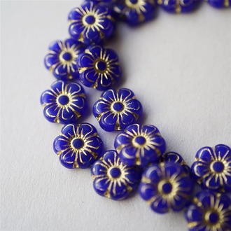 克莱因蓝描金色~六瓣花朵复古捷克玻璃珠琉璃 13mm