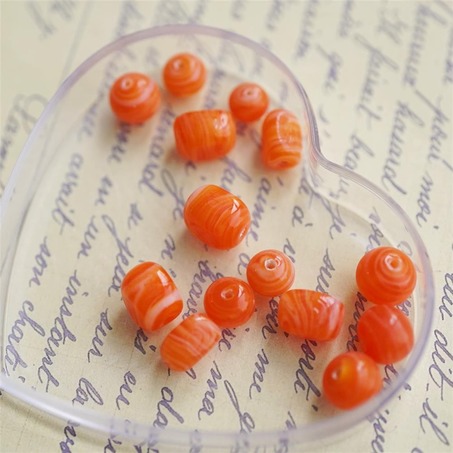 橙色系条纹手造珠多款入~日本古董手工琉璃玻璃