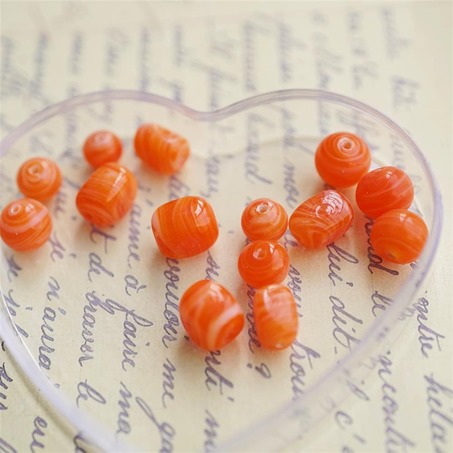 橙色系条纹手造珠多款入~日本古董手工琉璃玻璃-4